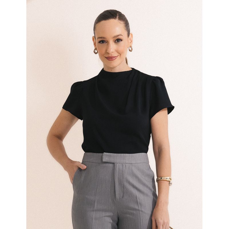 Blusa Pregas Crepe Texturizado - Preto - 5080001 - LOJAELLE