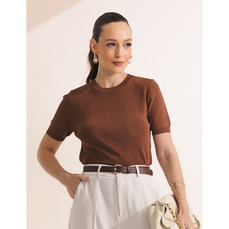 Blusa Tricot Manga - Marrom - 5320001 - LOJAELLE