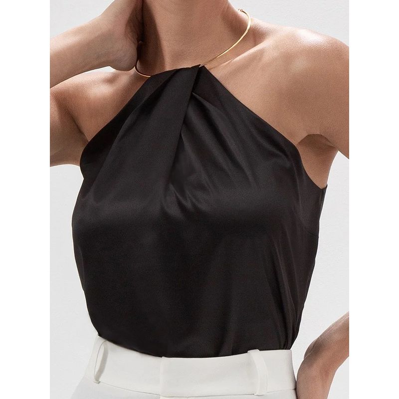 Blusa Cava Americana Cetim Mariane - Preto - 00059... - LOJAELLE