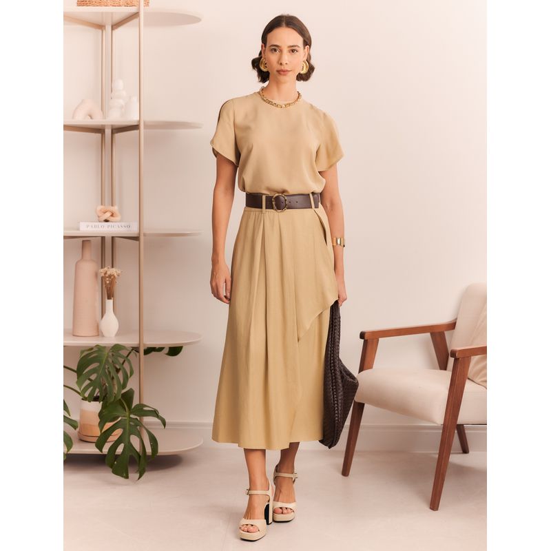 Saia midi Cinto Viscose com Linho - Bege - 0006320... - LOJAELLE