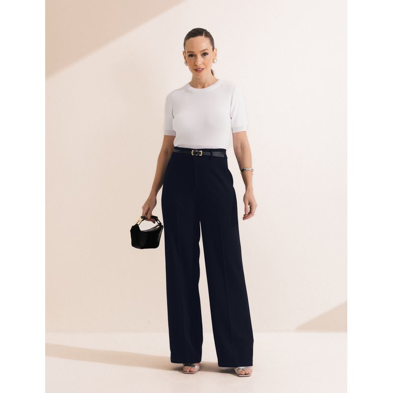 Calça Pantalona Crepe Alfaiataria - Azul Marinho -... - LOJAELLE