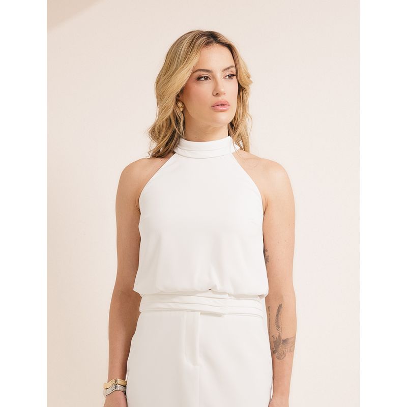 Blusa Decote Pregas Alfaiataria Fluida - Off White... - LOJAELLE