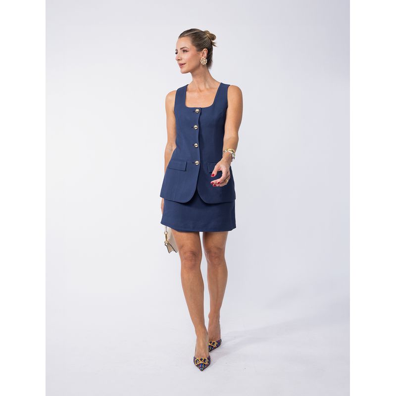 Mini Saia Alfaiataria Viscose - Marinho Azul Noite... - LOJAELLE