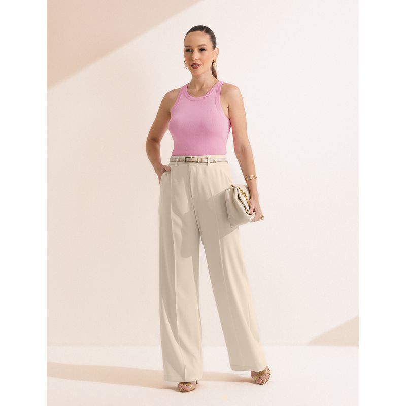 Calça Pantalona Crepe Alfaiataria - Creme - 476000... - LOJAELLE