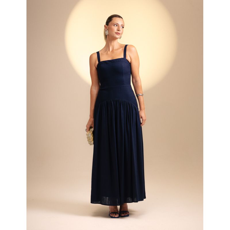 Vestido Cintura Baixa Viscose com Linho - Azul mar... - LOJAELLE