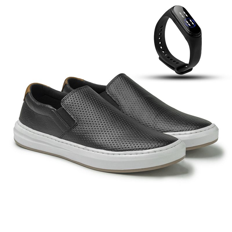 Slip On Street em Couro Preto + Gratis Relógio Digital Preto E L