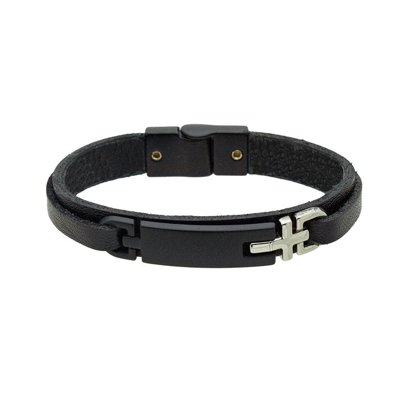 Pulseira de Couro bridão preto e cromado - Preto