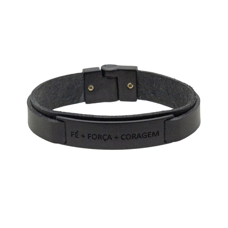 Pulseira de Couro "Fé + Força + Coragem" - Preto