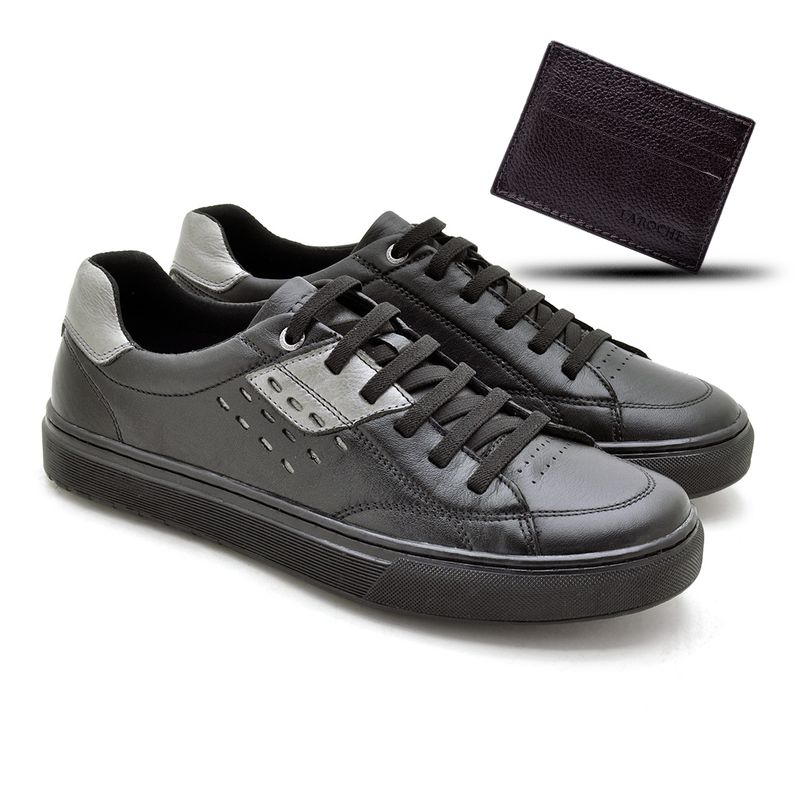 Sapatenis Connect em Couro - Preto + Brinde Porta Cartão