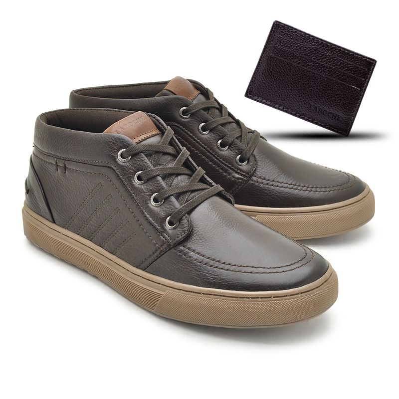 Sapatênis Casual Connect em Couro - Café + Brinde Porta Cartão