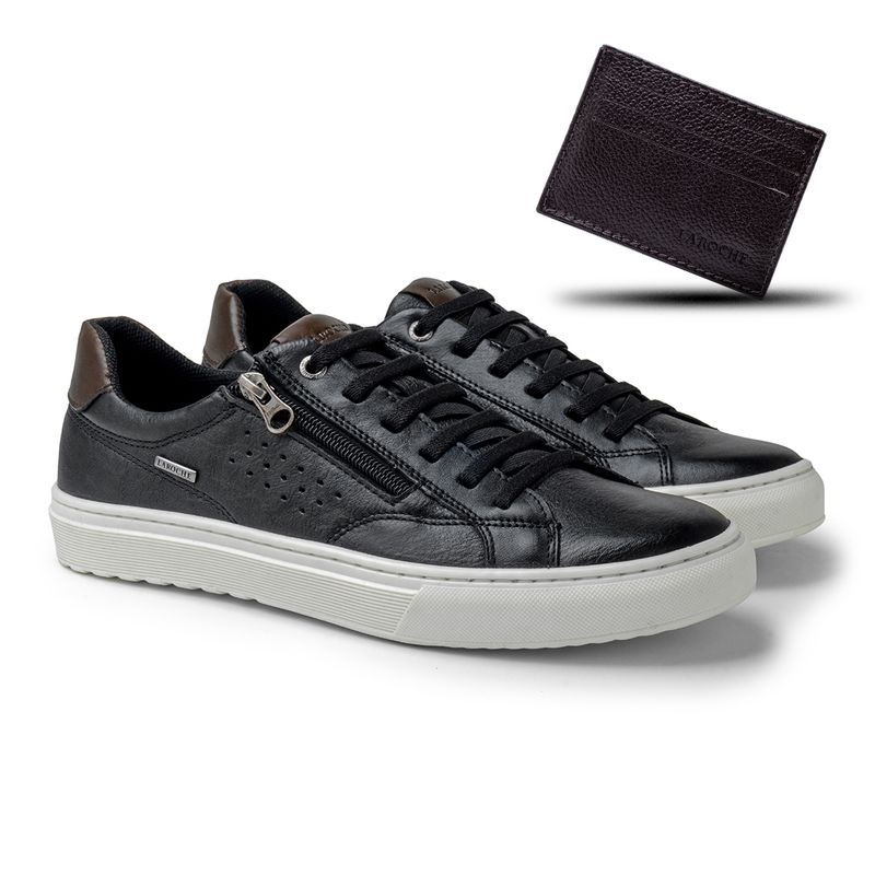 Sapatenis Casual Connect em Couro - Preto + Brinde Porta Cartão