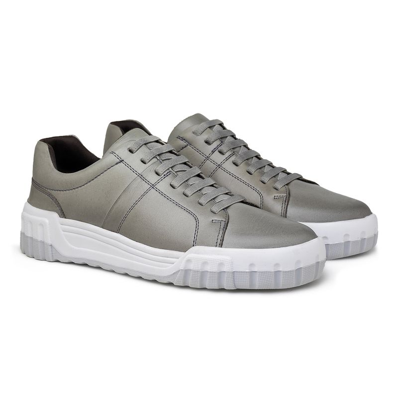 Sapatenis Casual Daytona em Couro - Cinza Silver + Brinde Bag 30anos