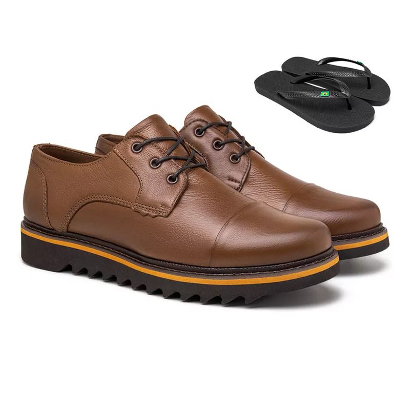 Sapato Casual Java Em Couro - Chocolate E L + Chinelo Brinde