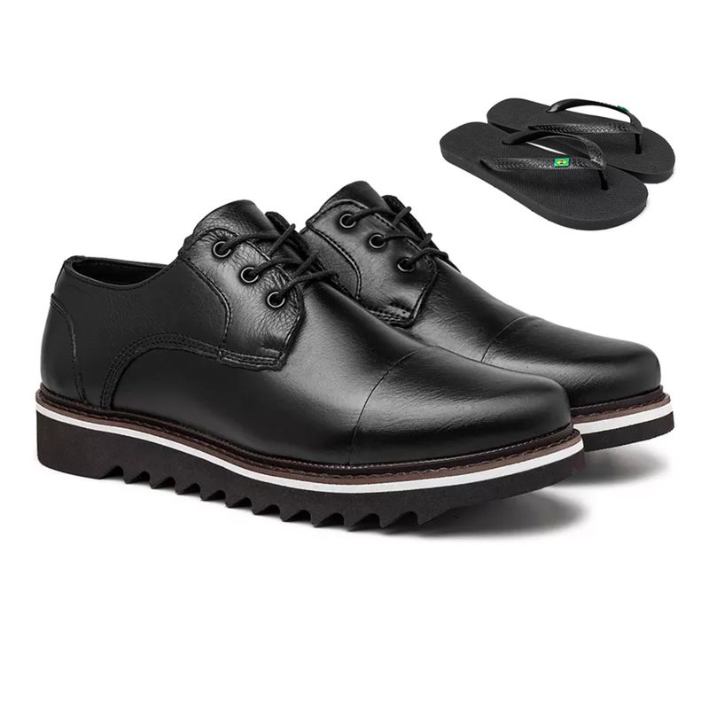 Sapato Casual Java Em Couro - Preto E L + Chinelo Brinde
