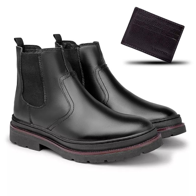 Bota Chelsea Londres em Couro - Preto + Brinde Porta Cartão