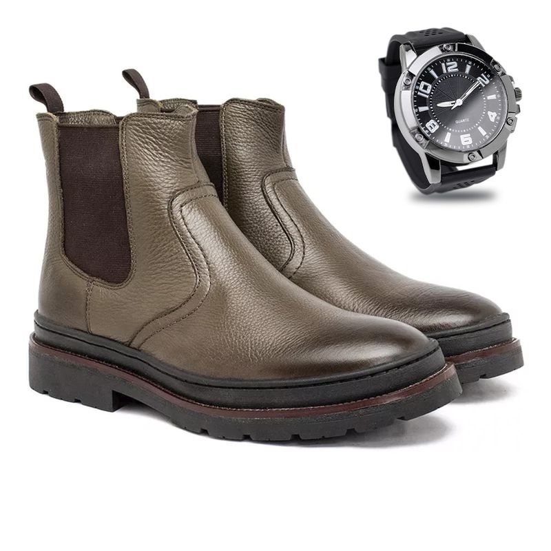 Bota Chelsea Londres em Couro - Oliva E L + Brinde Relógio