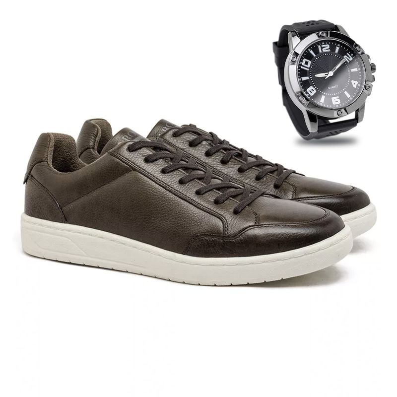 Sapatenis Casual Munique em Couro - Oliva E L + Brinde Relógio