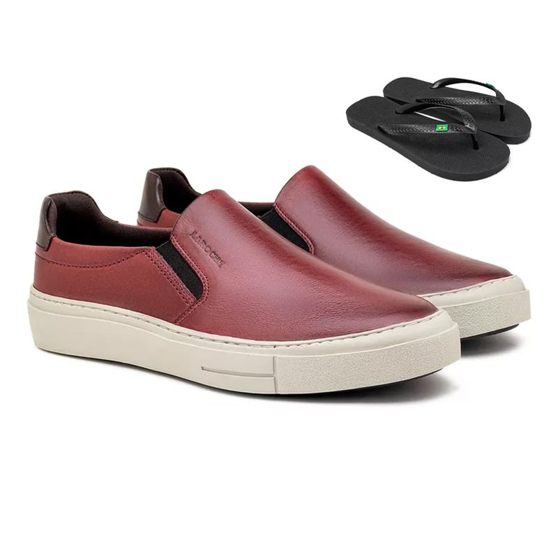 Slip On Casual Seul em Couro - Vinho E L + Chinelo Brinde