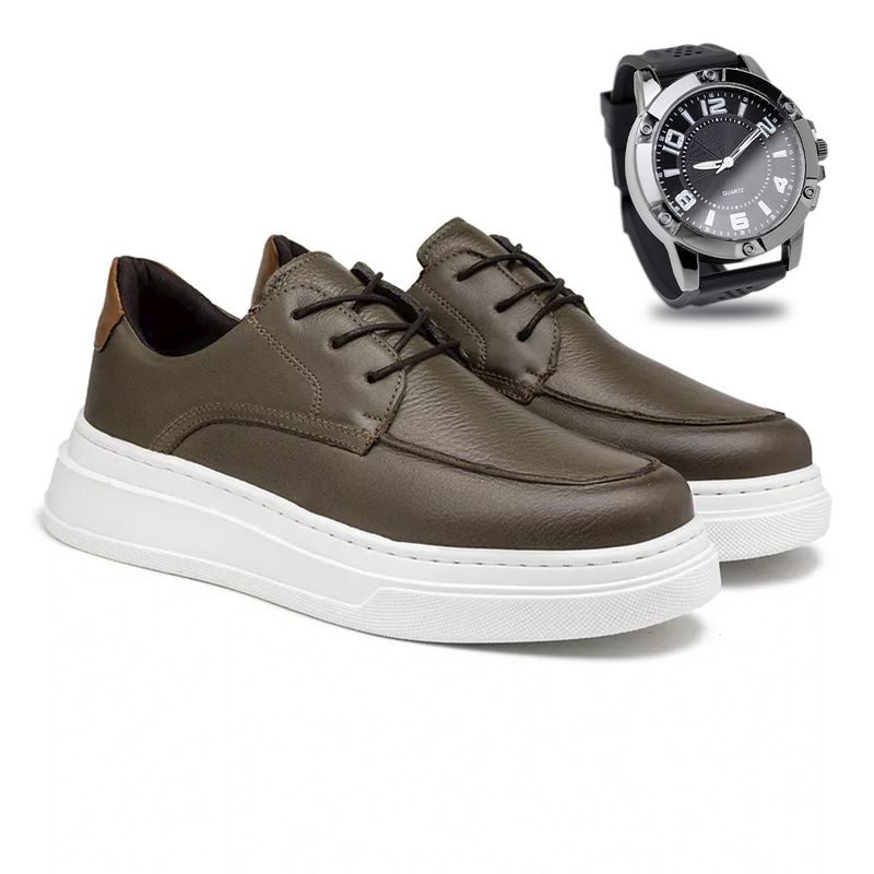 Sapatenis Casual Toquio em Couro - Oliva E L + Brinde Relógio