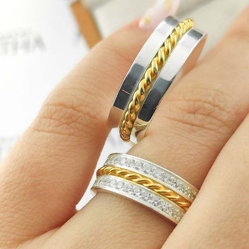 Alianças Em Prata 950 Com Ouro 18k Bali 6mm Polida Reta
