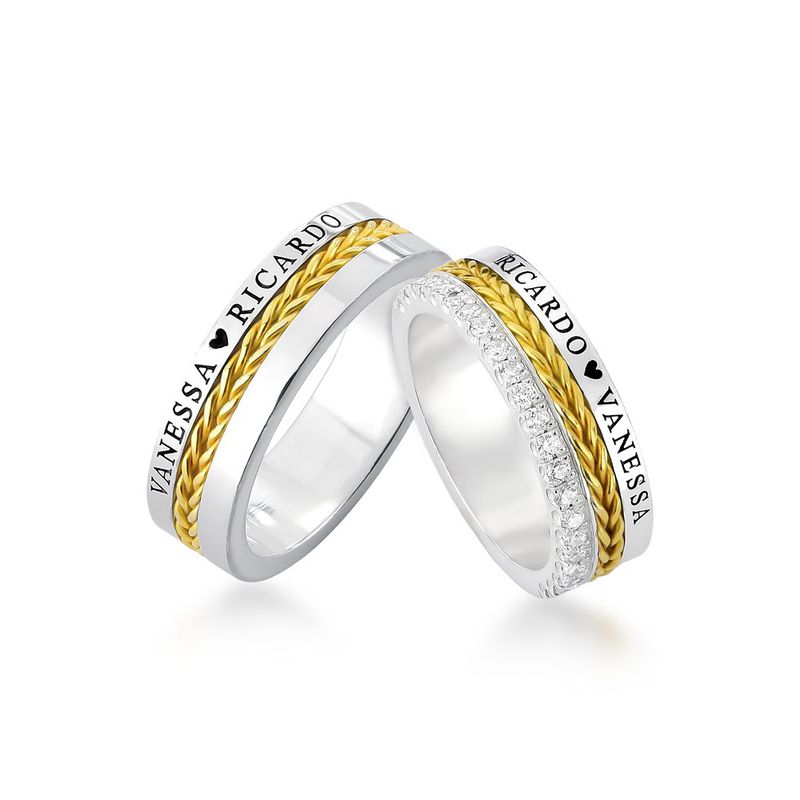 Alianças Em Prata 950 Com Ouro 18k Mykonos 7mm Polida Reta
