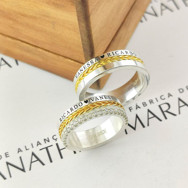 Alianças Em Prata 950 Com Ouro 18k Mykonos 7mm Polida Reta