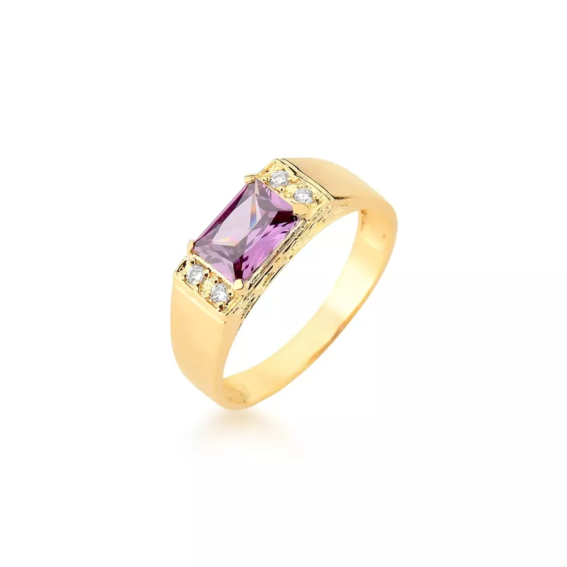 Anel De Formatura Aro Reto Com Desenhos e Pedra Retangular Em Ouro 18k