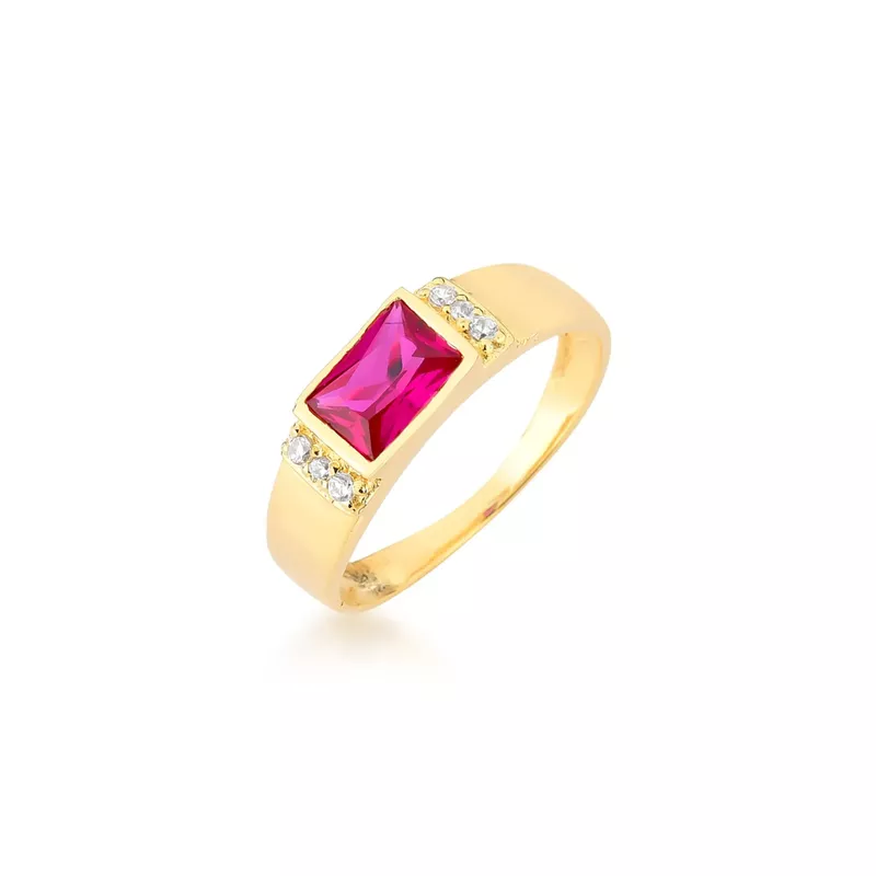 Anel De Formatura Aro Reto Com Desnível e Pedra Retangular Em Ouro 18k