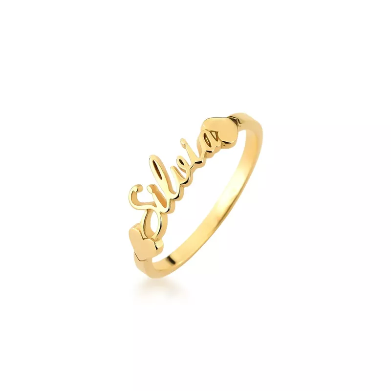 Anel Nome Manuscrito Com Coração Lateral Em Ouro 18k