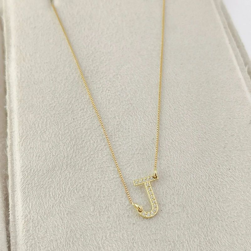 Conjunto Corrente e Pingente Letra Cravejada Em Ouro 18k