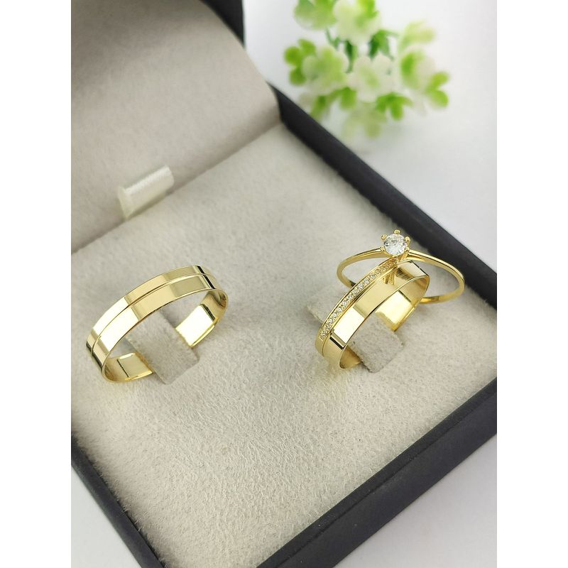 Par de Aliança em Ouro 18k 4MM Reta Polida + Anel Solitário em Ouro 18k BRINDE