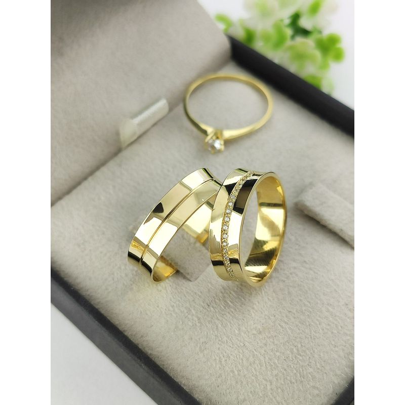 Par de Aliança em Ouro 18k Côncava 5MM + Anel Solitário em Ouro 18k Brinde