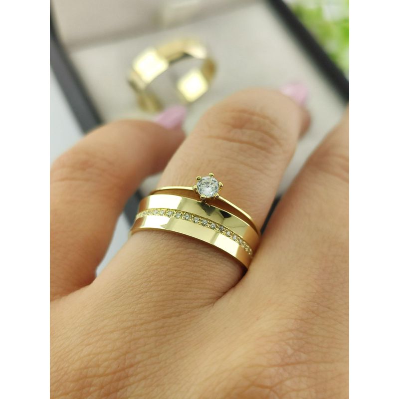 Par de Aliança em Ouro 18k Côncava 5MM + Anel Solitário em Ouro 18k Brinde