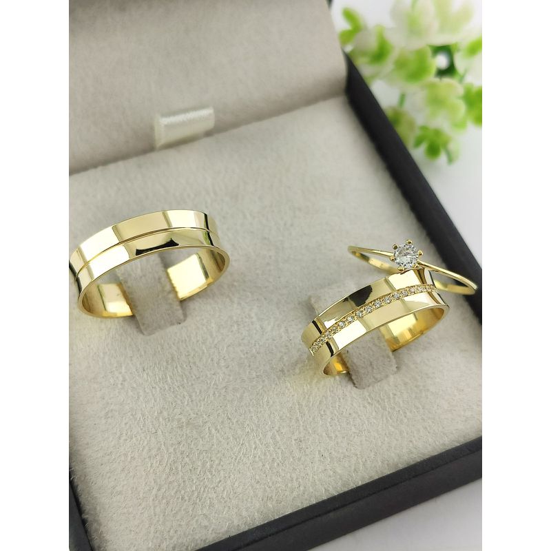 Par de Aliança em Ouro 18k Côncava 5MM + Anel Solitário em Ouro 18k Brinde
