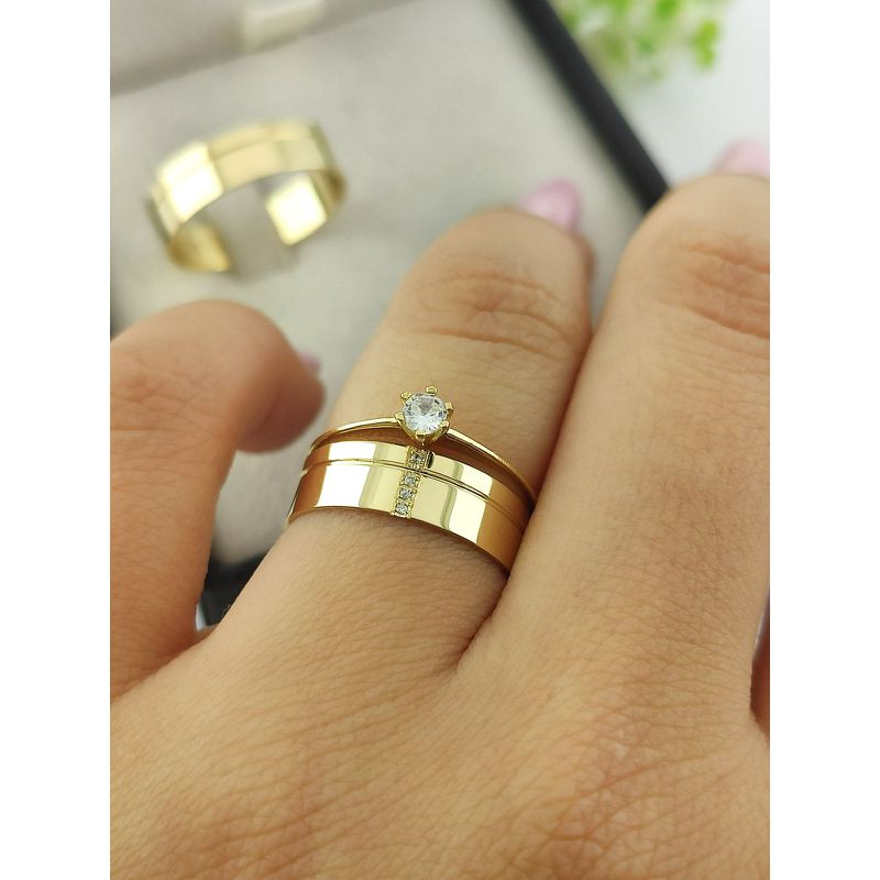 Par de Aliança em Ouro 18k Modelo 5MM Reto Polido + Anel Solitário em Ouro18k Brinde