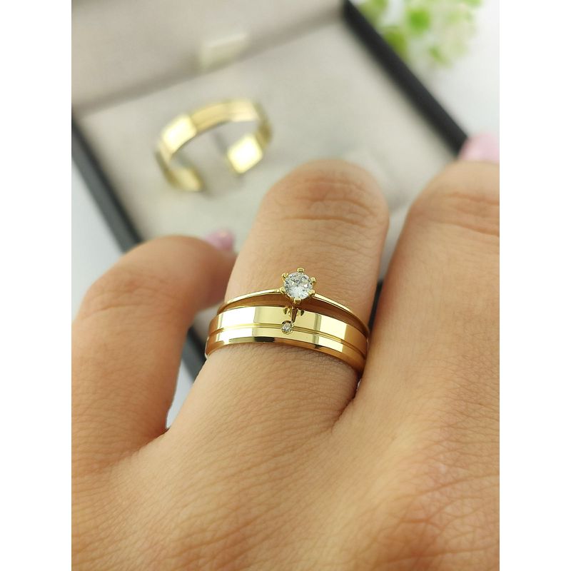 Par de Aliança em ouro 18k 4MM Reta Chanfrada + Anel Solitário de Brinde 