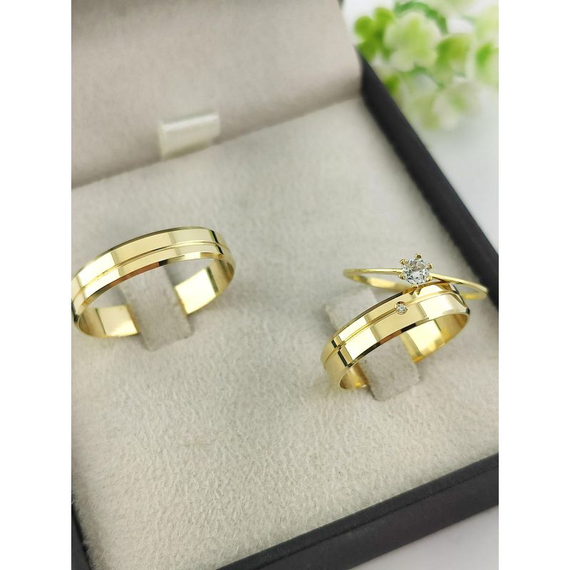 Par de Aliança em ouro 18k 4MM Reta Chanfrada + Anel Solitário de Brinde 