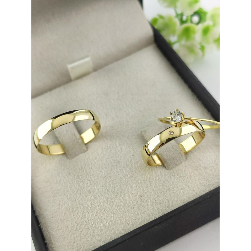 Par de Aliança em Ouro 18k 3 MM Meia Cana + Anel Solitário em Ouro 18k de Brinde