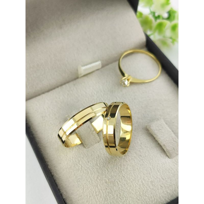 Par de Aliança em ouro 18k 4MM Reta Chanfrada + Anel Solitário de Brinde 