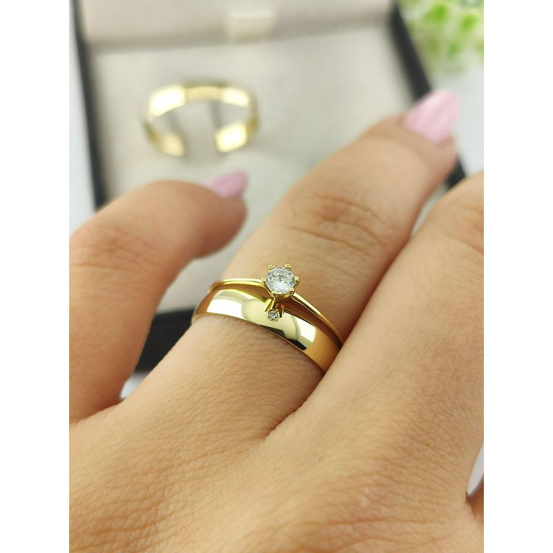 Par de Aliança em Ouro 18k 3 MM Meia Cana + Anel Solitário em Ouro 18k de Brinde