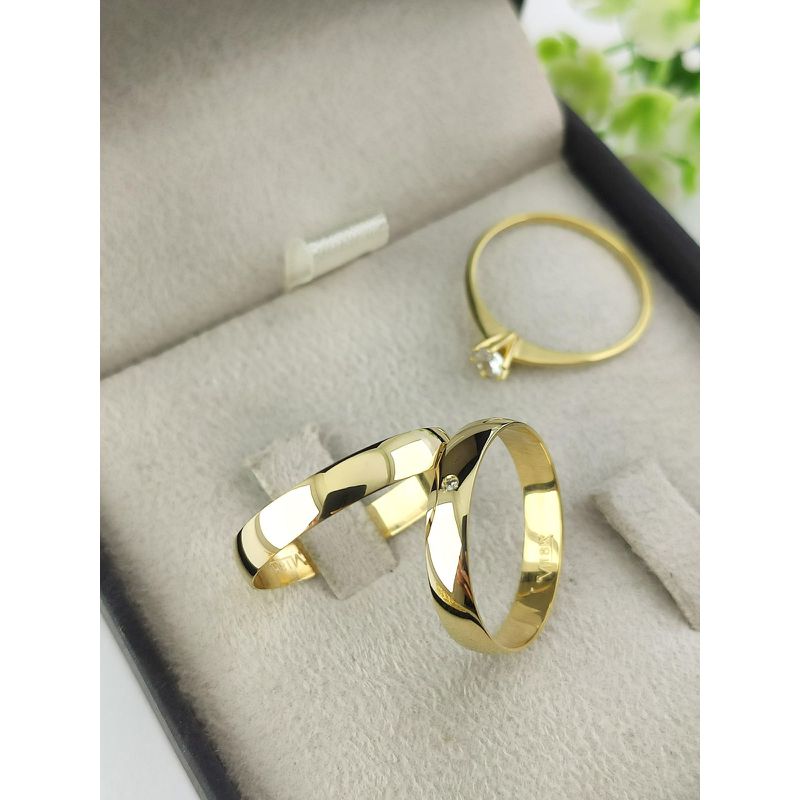 Par de Aliança em Ouro 18k 3 MM Meia Cana + Anel Solitário em Ouro 18k de Brinde