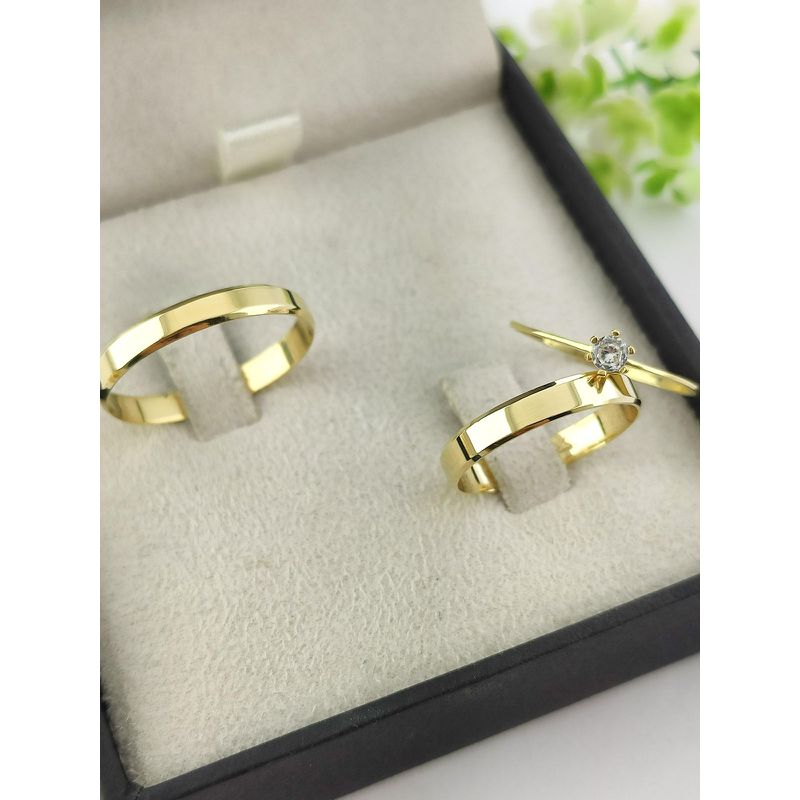 Par de Aliança em Ouro 18k 3MM Reta Chanfrada + Anel Solitário em Ouro 18k de Brinde