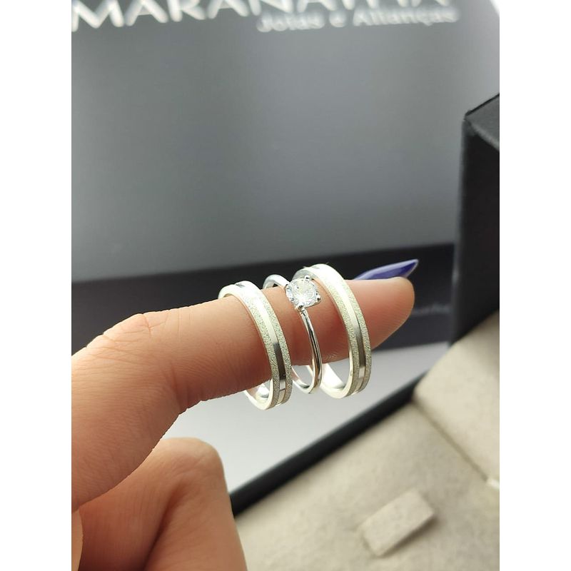 Par de Aliança em Prata 950 Modelo 3MM Reta + Anel Solitário Em Prata