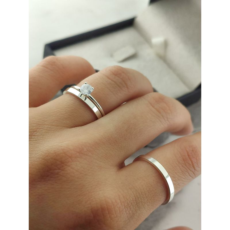 Par de Aliança em Prata 950 Modelo 2mm Reto Polido + Anel Solitário em Prata Brinde