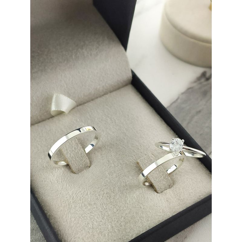 Par de Aliança em Prata 950 Modelo 2mm Reto Polido + Anel Solitário em Prata Brinde