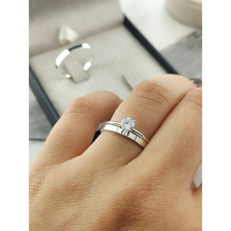 Par de Aliança em Prata 950 Modelo 2mm Reto Polido + Anel Solitário em Prata Brinde