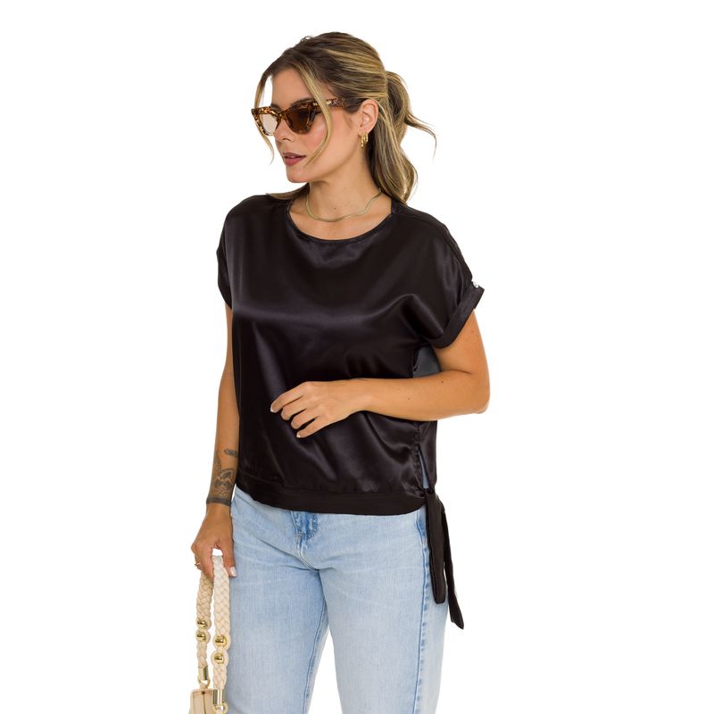 Blusa Preta de Cetim Laço Paris - Fyorella