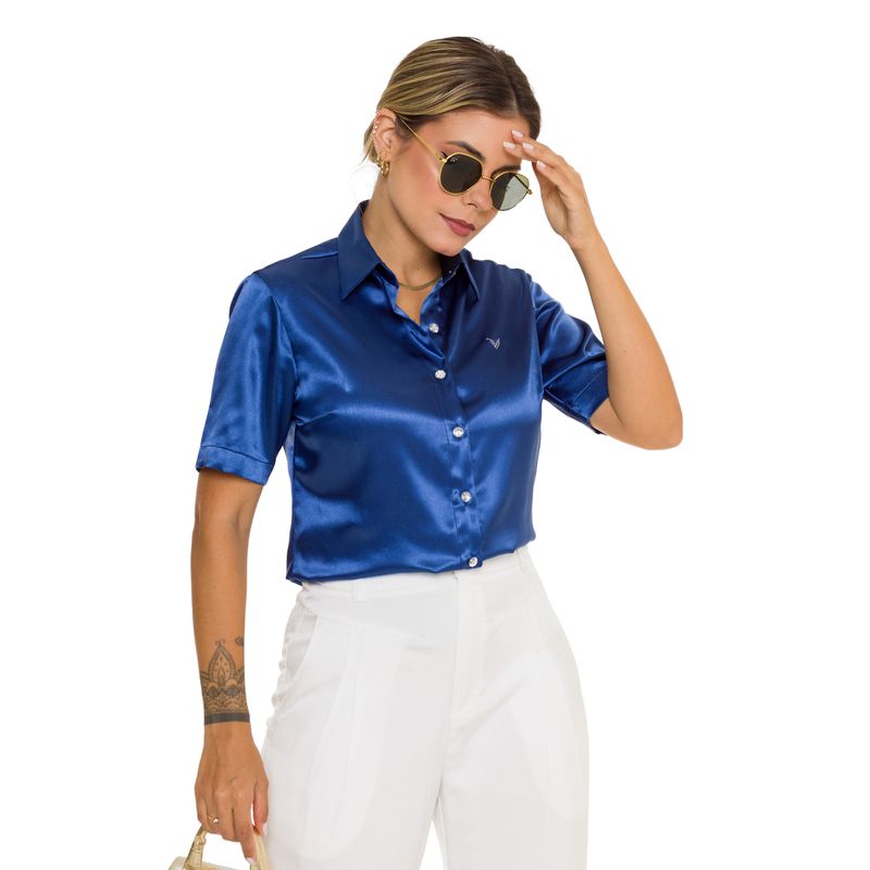 Camisa de Cetim Manga Curta Azul Anabela - Fyorella