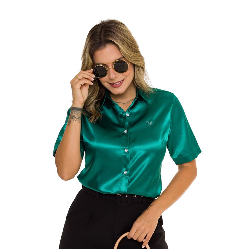 Camisa de Cetim Manga Curta Verde Ivy - Fyorella