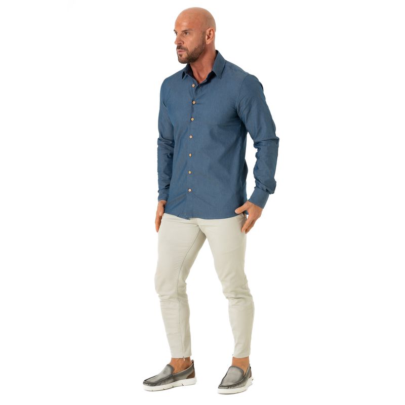 Camisa Slim Social Azul Jeans Escuro Austin - Fyorella